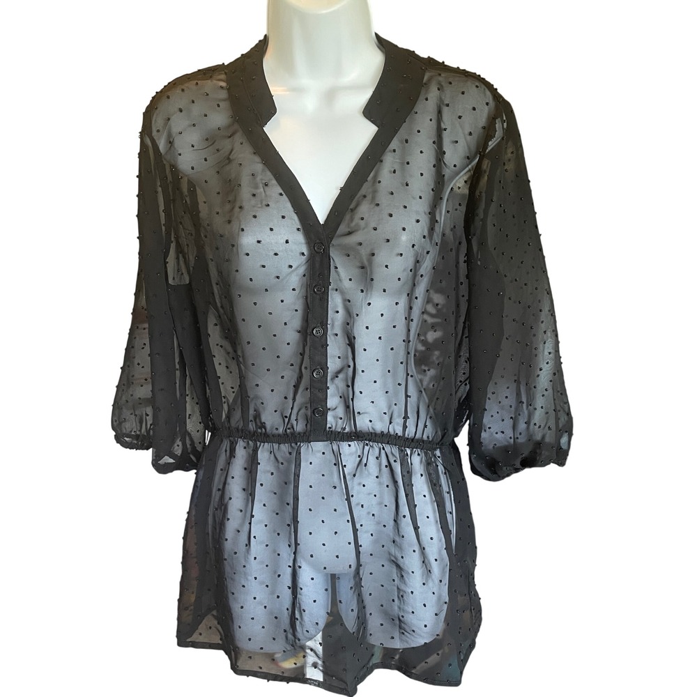 Womens Y2K Whimsigoth Witchy Sheer‎ Mesh Black Swiss Dot Peplum Top Size M
